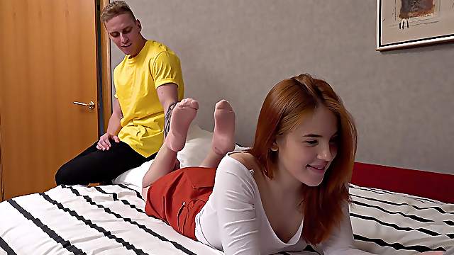 Cute redhead girlfriend gets fucked hard and swallows his cum