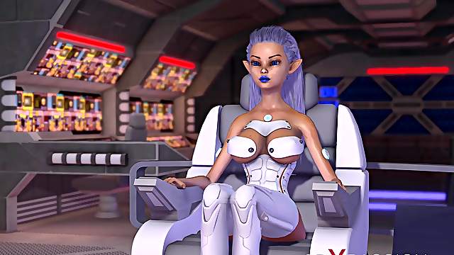 Earth orbit. Sci-fi sex android plays with a hot young blonde