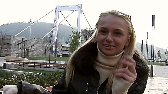Hot blonde Ivana Sugar gives an interview in the street