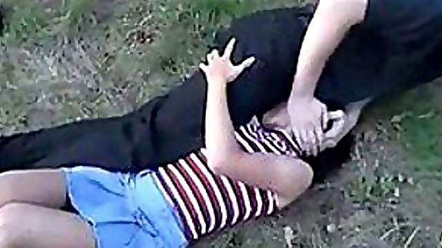 Amateur brunette in miniskirt gets her mouth and pussy banged outdoors