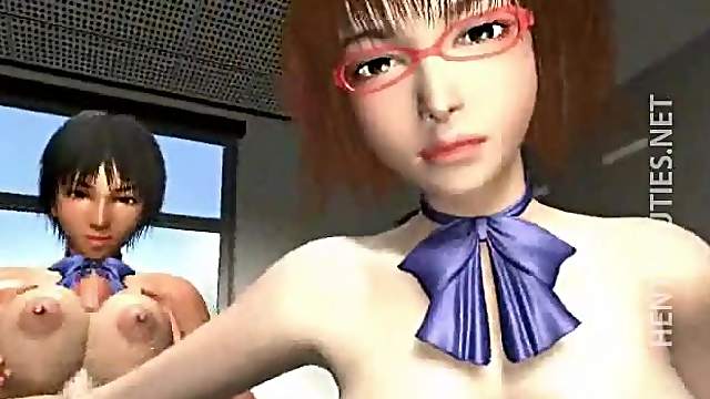 Horny 3D hentai lesbians share dick
