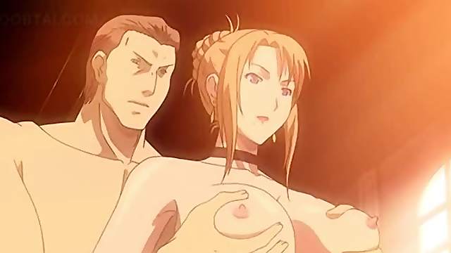 Anime threesome with naked big titted hottie