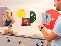 Blonde Brooke in a steamy reality encounter wearing shorts and showing off her ink with a hot couple