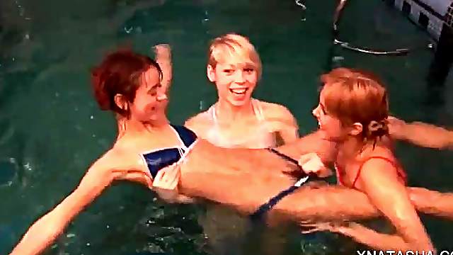 Pool lesbian fun with naked playful Natasha