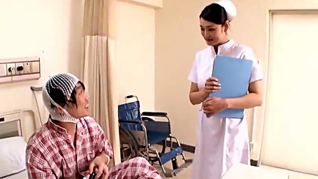 Japanese nurse Akari Asagiri gives a blowjob to her patient