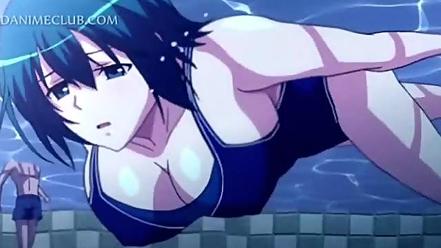Three horny studs fucking a cute anime under water