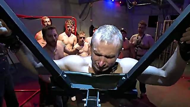 Blond poofter shows his gaping ass and gets it fucked by many men