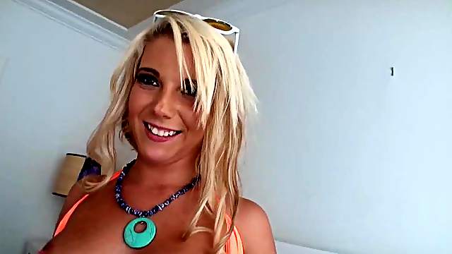 Playful blonde chick in a bikini gets nailed in a bedroom