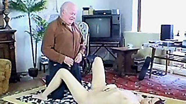 Slutty Brunette Teen Wanks and Sucks an Old Man's Cock