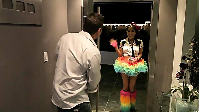 A lovely Asian girl in a nice outfit gets fucked in her shaved pussy