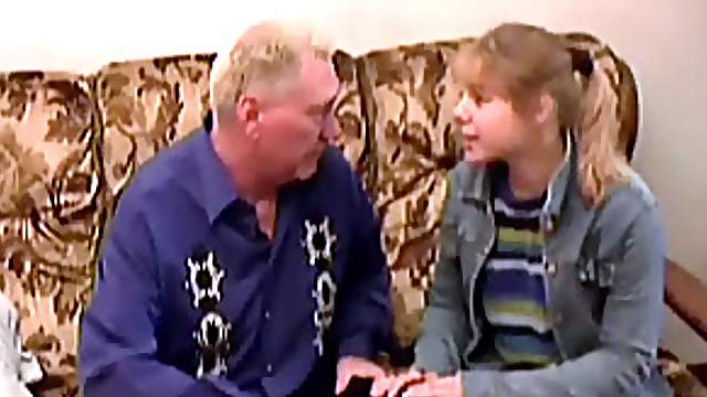 Innocent Blonde Teen Sucks and Fucks an Old Man's Cock On a Couch