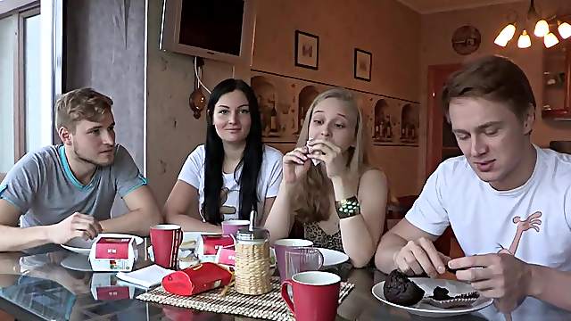 Russian skanks Alice and Inga enjoy foursome sex after a party