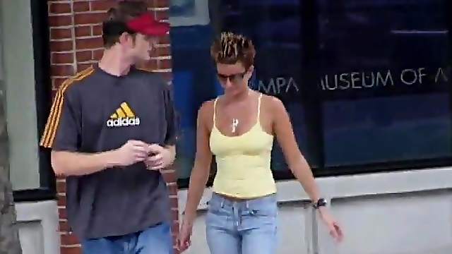 Short-haired gal takes off the jeans and receives the masturbation