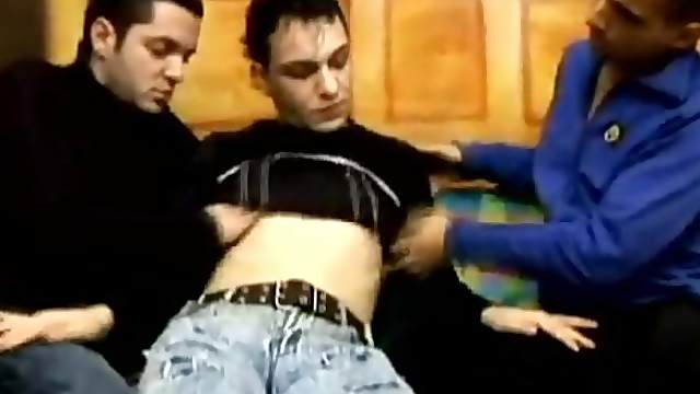 Gay man getting ass and mouth fucked in MMM threesome