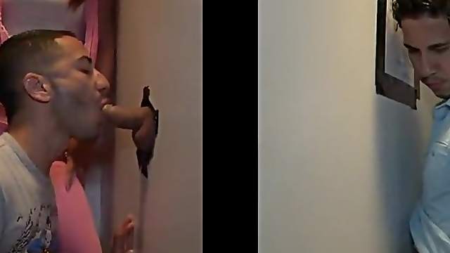 Ambitious gay awarding his guy stunning blowjob through gloryhole