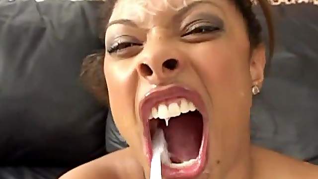 Dazzling ebony getting banged hardcore before swallowing cum in interracial sex
