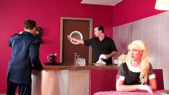 Busty blond mom gets fucked doggy style in hardcore MMF clip