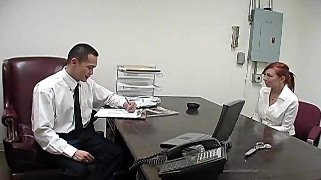 Tattooed redhead secretary knows how to relax her boss