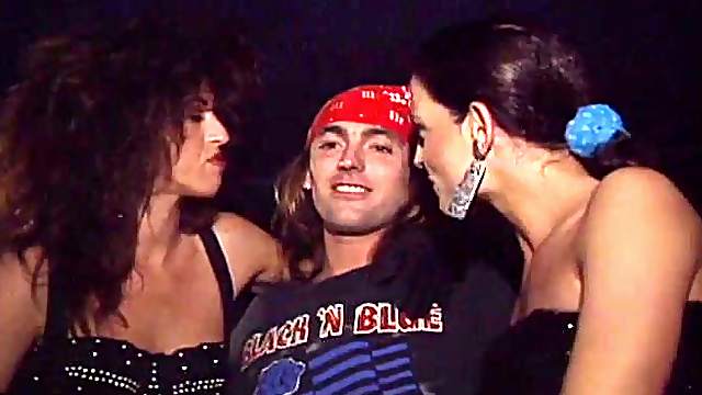 Two brunette bitches make out with a guy and share his wang