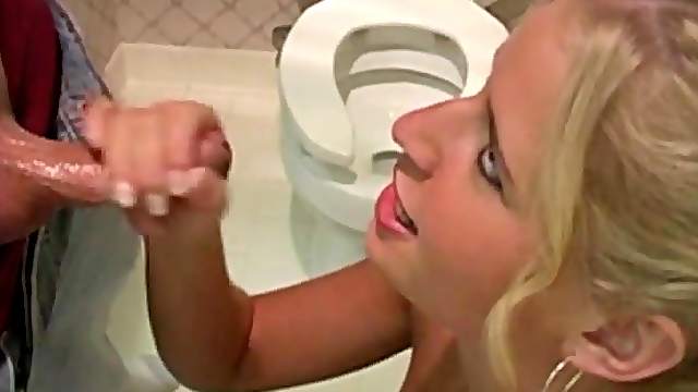 Madison James gives great handjob in toilet and gets cum on her tits