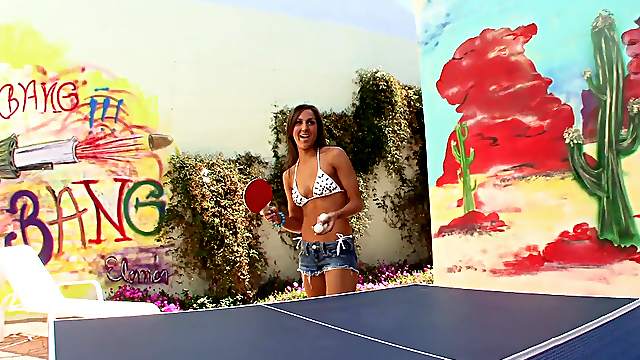 Bikini-clad porn star with a hot body playing with her asshole