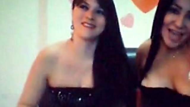 Two chubby amateur brunettes go lesbian in webcam video