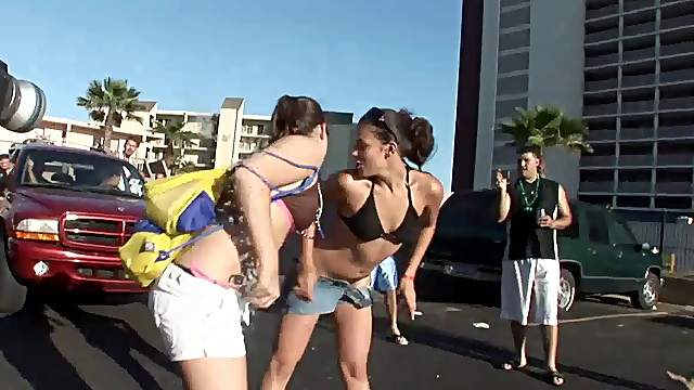 Sexy amateur babes in bikini in the outdoor street party