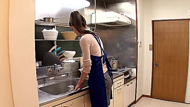 Japanese wife is fondled,gives blowjob and ravished Hardcore in kitchen