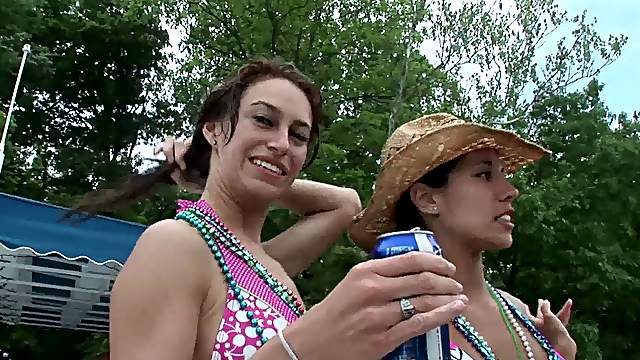 Amateur women wearing bikinis get caught on a cam at a party
