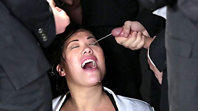 That's a lot of cum for one Asian chic but she takes it all in this gangbang tape