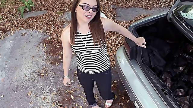 Cute nerd girl sucks and fucks the pawn shop guy with a big cock