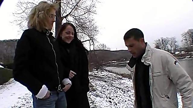 Blonde and brunette take turns ass riding the cock of a stranger