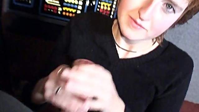 Kinky redhead with nice big tits playing with a stranger's cock