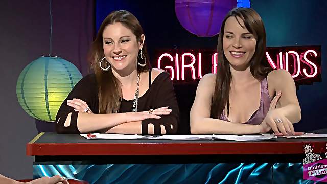 Beautiful sapphic girls talking about lesbian sex on a radio show