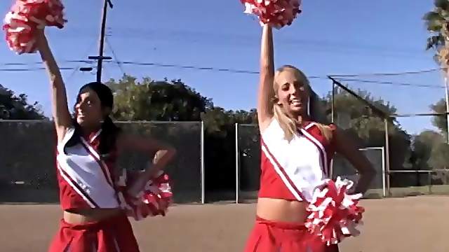 Cheerleader girls in pigtails go home with him to enjoy big dick