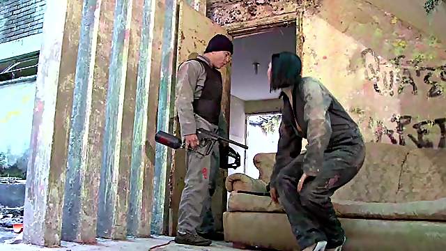 Voluptuous Sandra Flores fucked after a paintball gun shooting