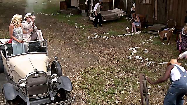 Outdoor orgy fucking with beauties in vintage dresses and lingerie
