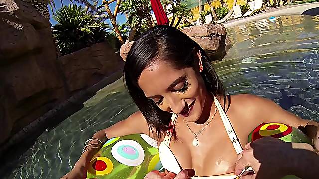 Stunning cock sucking babe having fun with a hung dude outdoors