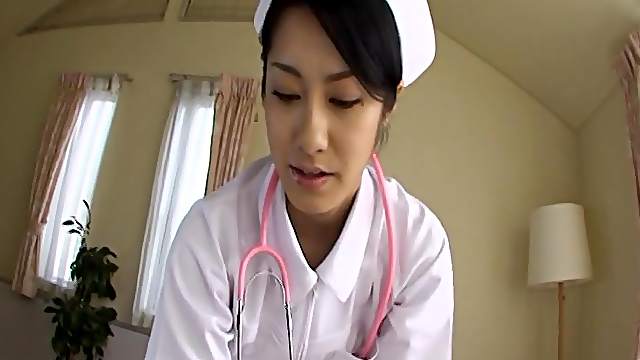 Asian nurse sucking hard on a fat dick pov