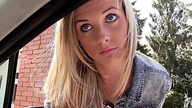 Blue eyed beauty on the hood of his car taking dick