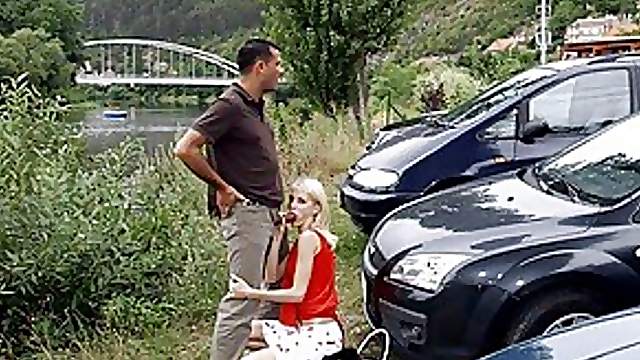 Hot blonde Girl sucking and fucking in public