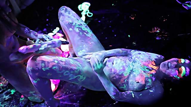 Lesbian black light and body paint orgy is a kink fest