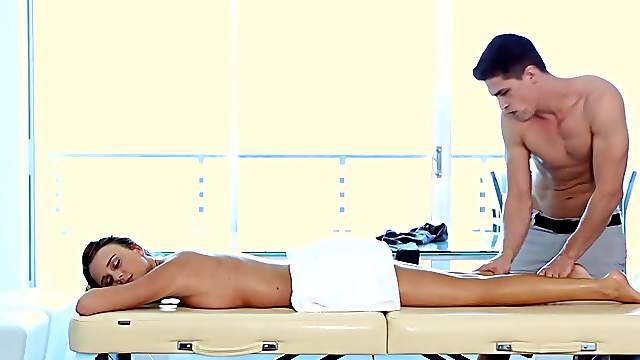 Full service masseuse uses his hands, a vibrator and his cock on her