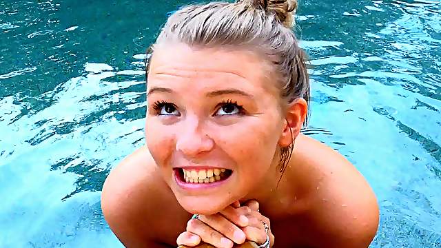 Most desirable senorita going full naked by the blue pool