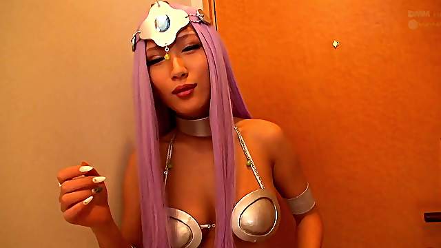 Cosplay girl in a hotel gangbang with a group of horny Asian guys