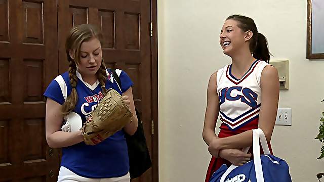 Two hot female softball players get out of uniform to eat pussy