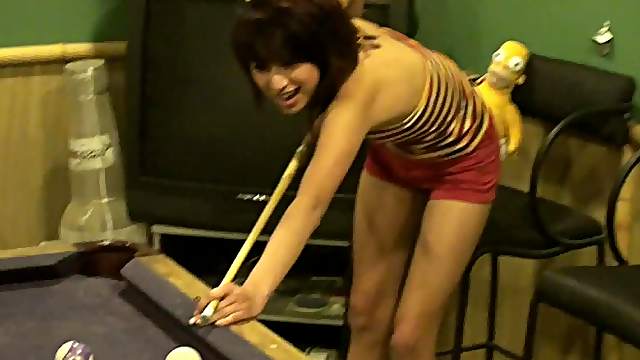 Pov classic seen of skinny brunette getting banged after pool game