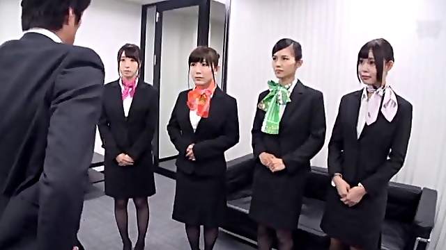 Suit-wearing Japanese chicks having a huge penetration orgy