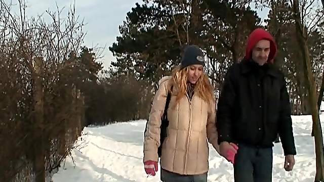 Blonde wife warms stranger's cock in the snow