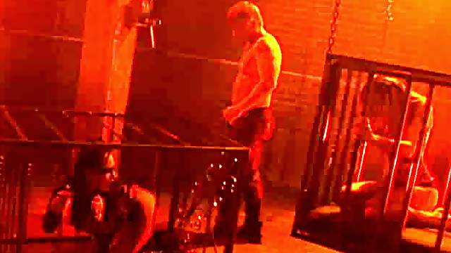 Caged busty slaves get their tight cunts fucked by their master